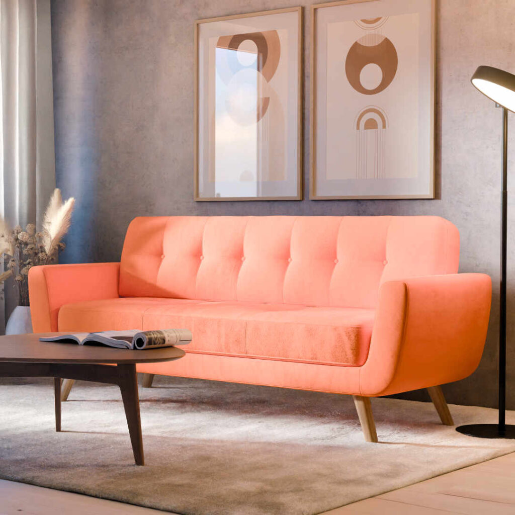 Wizualizacja 3D przestrzeni salonowej przedstawiająca pomarańczową kanapę.