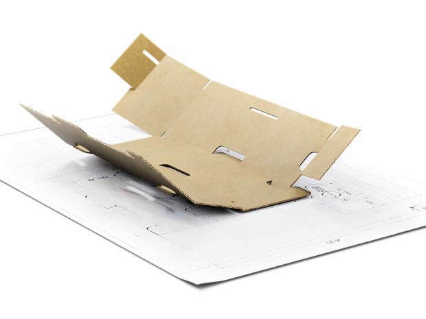 Rozłożona tekturowa wkładka do butelek, wizualizacja 3D produktu.