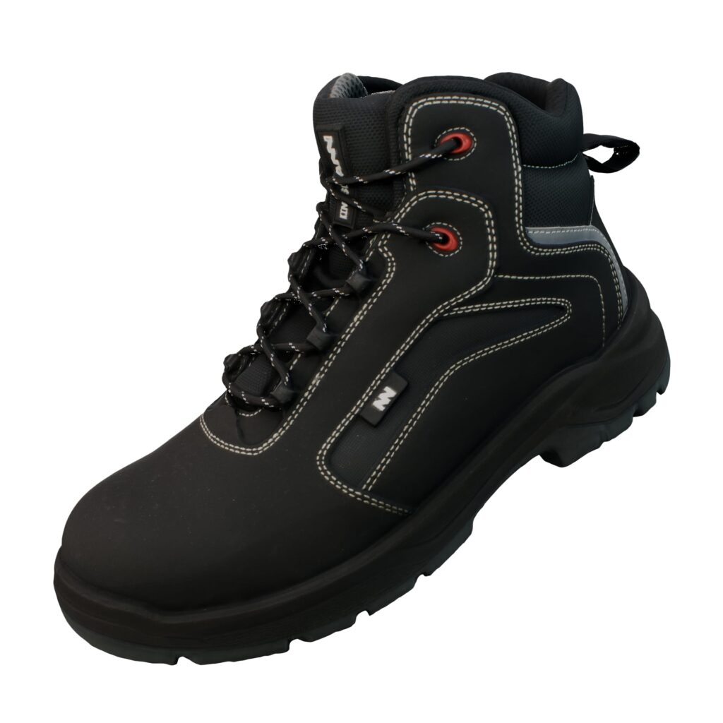 Wizualizacja produktowa skórzanego, czarnego obuwia roboczego z wysoką cholewką.
